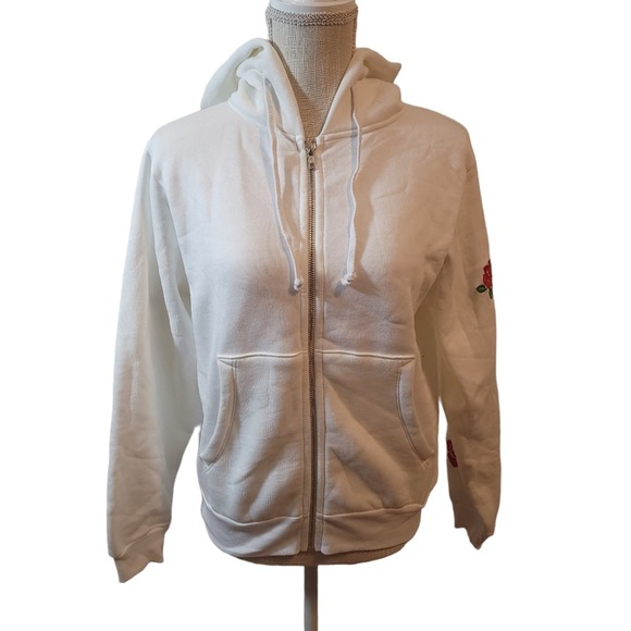 Wildfox White Red Rose Embroidered Pocket Zip Hoodie Size Small NWOT RARE!HTF!